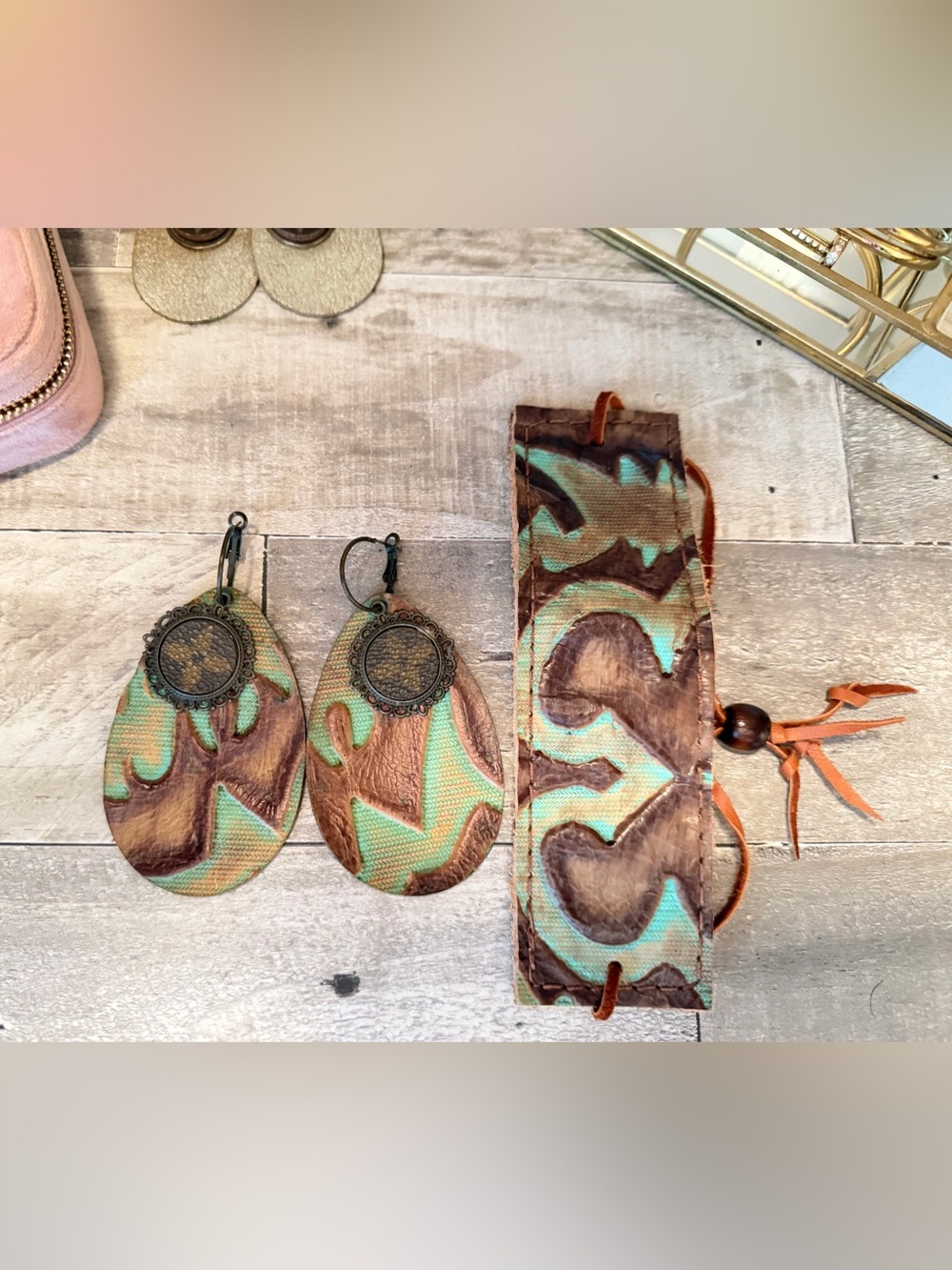 Authentic Upcycled Tooled Leather Earrings and Matching Adjustable Cuff Bracelet